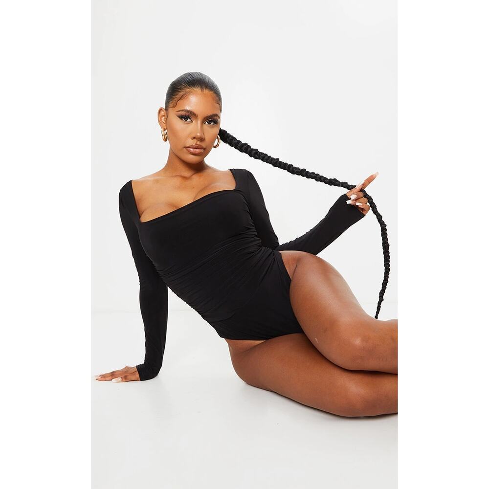 PrettyLittleThing Black Slinky Ruched Long Sleeve Square Neck‎ Bodysuit